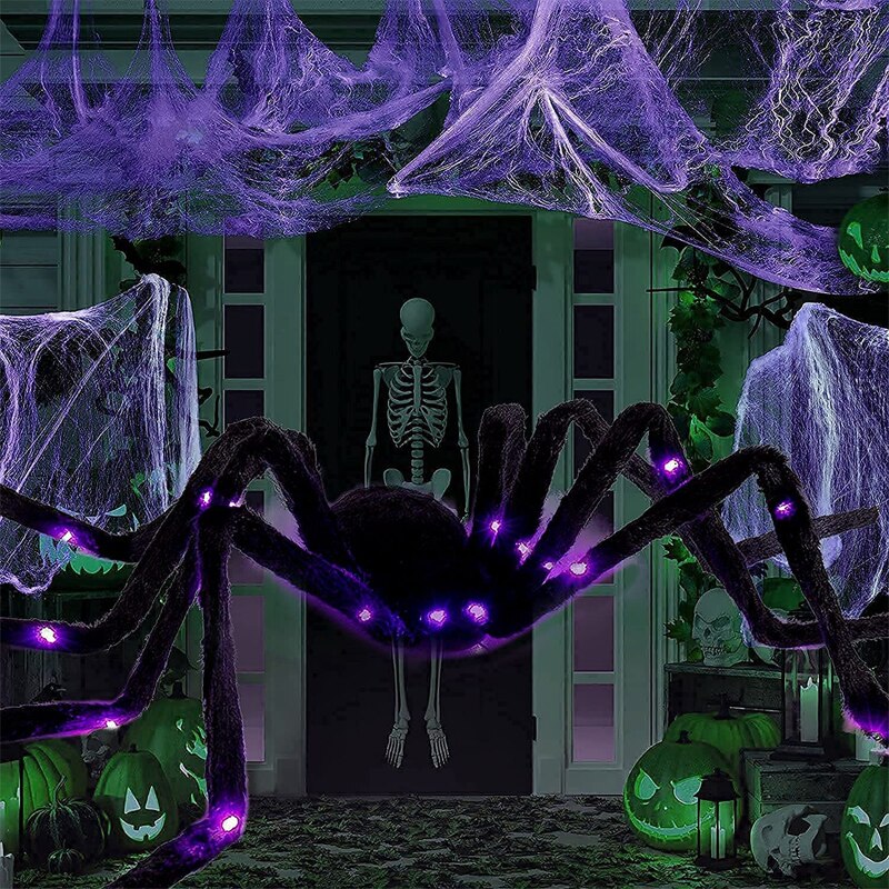 125cm luz roxa aranha com 26 luzes led pelúcia brilhante, halloween teia assombrada, casa interior decoração ao ar livre adereços - Image 2