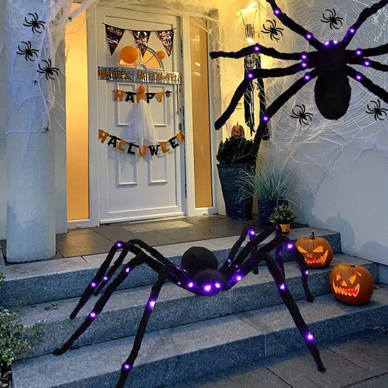 125cm luz roxa aranha com 26 luzes led pelúcia brilhante, halloween teia assombrada, casa interior decoração ao ar livre adereços
