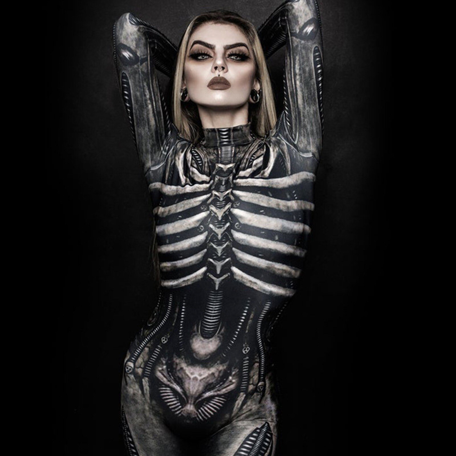 Esqueleto impresso bodysuit - cosplay trajes - feminino macacão halloween - Image 2