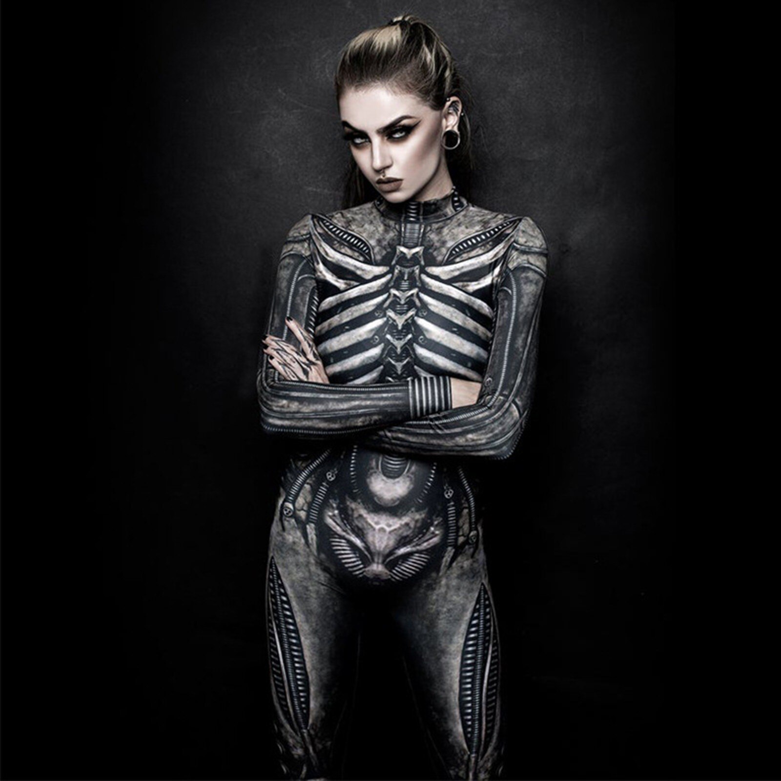 Esqueleto impresso bodysuit - cosplay trajes - feminino macacão halloween - Image 3