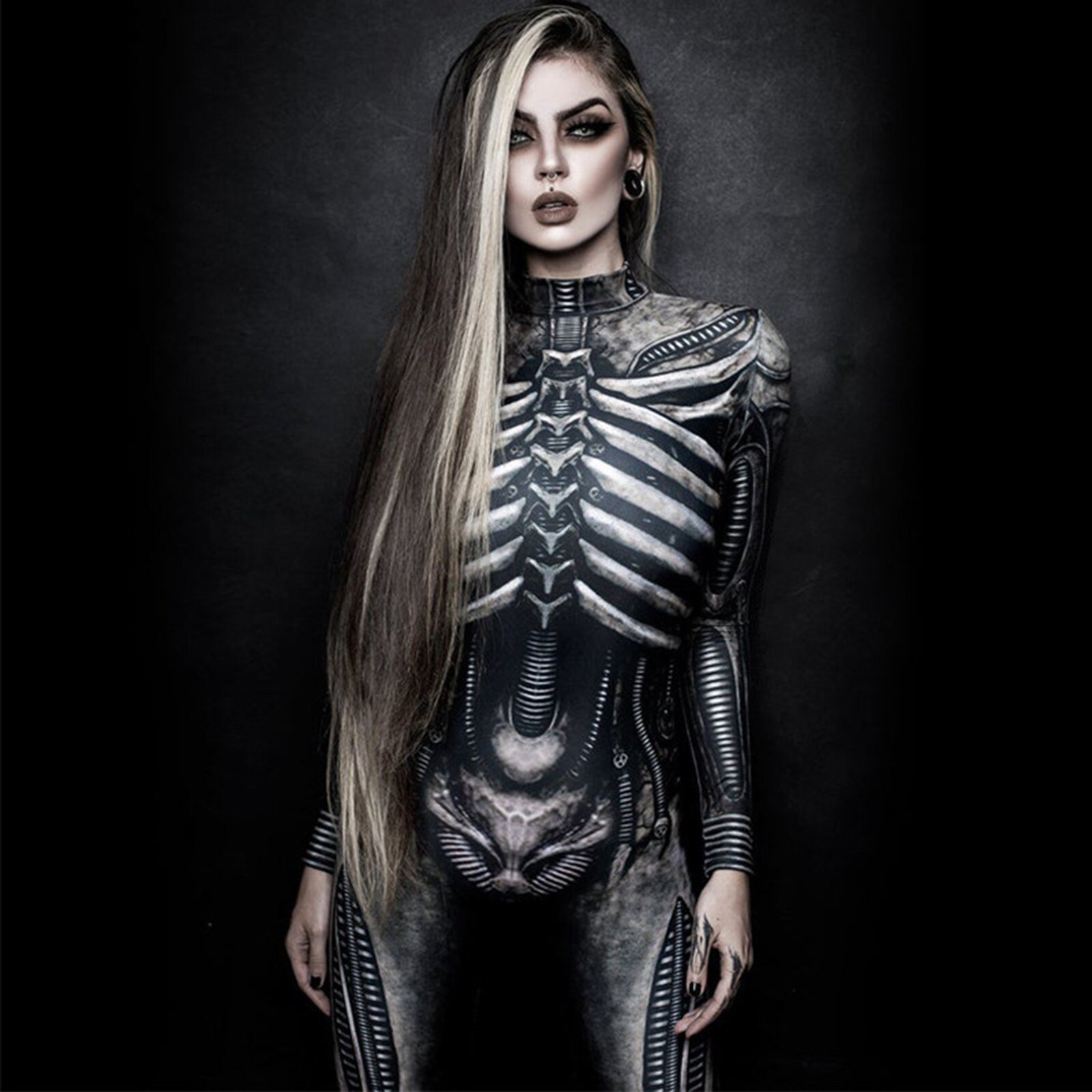 Esqueleto impresso bodysuit - cosplay trajes - feminino macacão halloween