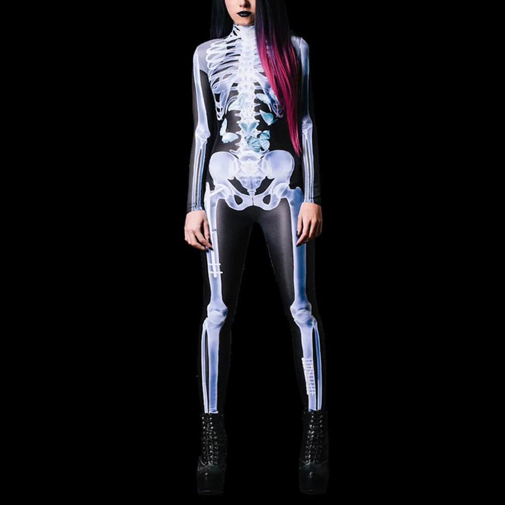 Estiramento cosplay sexy bodysuit esqueleto 3d manga longa - macacão halloween - see-through esqueleto 3d impressão bodysuit thriller - Image 5