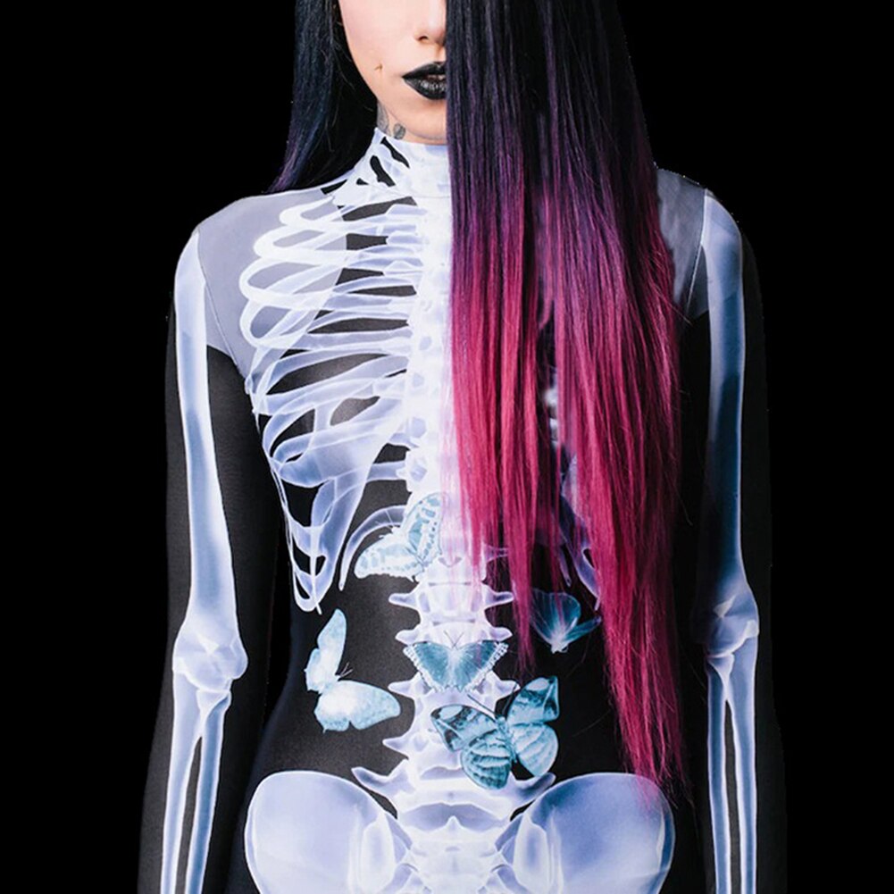 Estiramento cosplay sexy bodysuit esqueleto 3d manga longa - macacão halloween - see-through esqueleto 3d impressão bodysuit thriller - Image 4