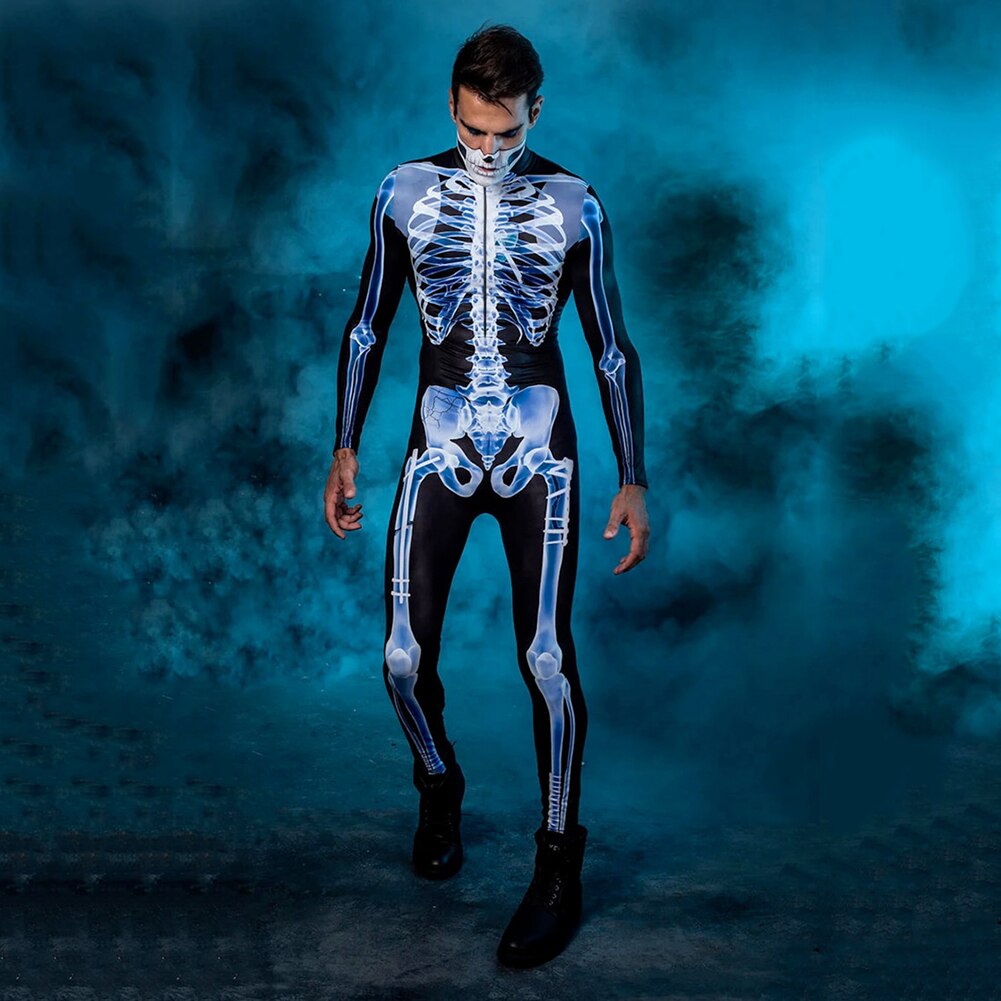Estiramento cosplay sexy bodysuit esqueleto 3d manga longa - macacão halloween - see-through esqueleto 3d impressão bodysuit thriller